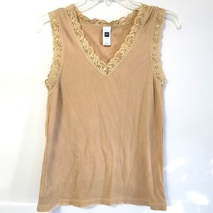 Gap Tan Lace Trimmed Cotton Tanktop Size Large